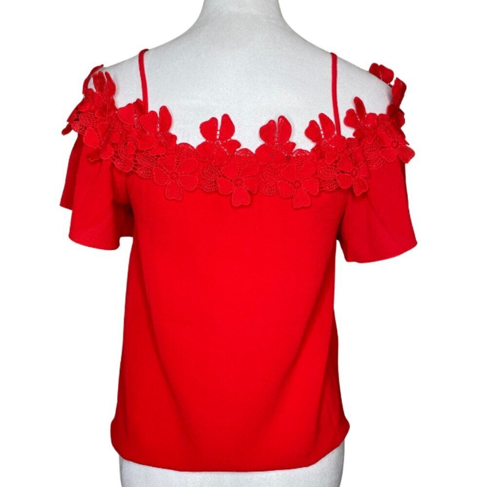 AWESOME USA Red Coquette Floral Lace Cold Shoulder Flutter Sleeve Top S - Picture 4 of 8